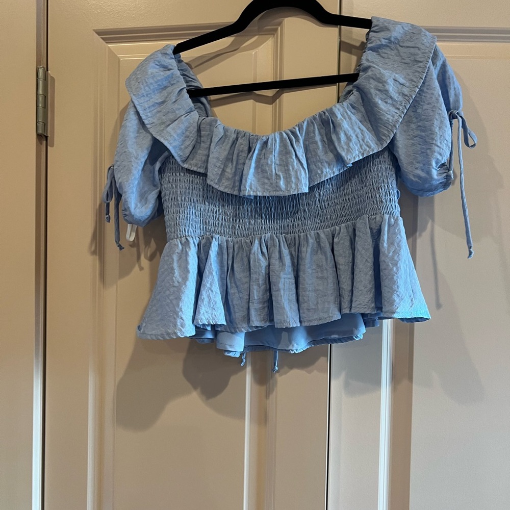 Tularosa Off The Shoulder Light Blue Ruffled Blouse - Picture 4 of 4